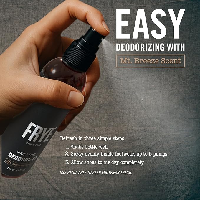 FRYE Boot & Shoe Deodorizer Spray - Powerful Enzyme Formula Spray for Shoe Odor Elimination in All Footwear (Mt. Breeze)