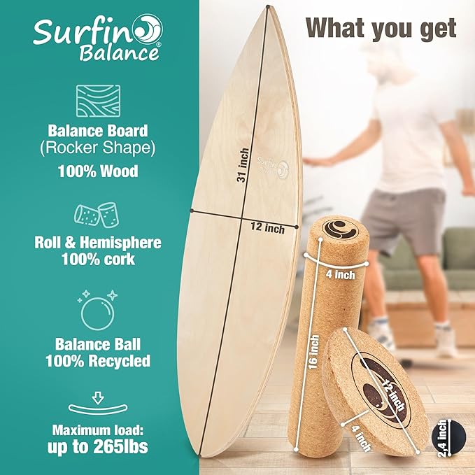 Wooden Balance Board - unique [incl. corc roller, corc hemisphere and balance ball] Balance Board Kids - Balance Boards for Adults - Indo Board Mobo Board Gibbon Board Giboard Slackboard Balancing