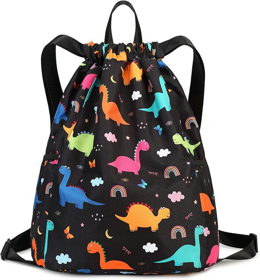 Cartoon Dinosaur Boys School Bag Lightweight Portable Dinosaur Gym Drawstring Bags for Travel Sport 40x30CM Rainbow Black