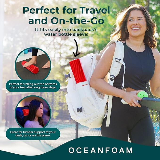 Oceanfoam Ripple Travel Foam Roller (11" x 3.35") Firm Mini Foam Roller for Physical Therapy, Deep Tissue Massage, Back Pain - High Density, Ergonomic Wave Textured - Yoga, Pilates, Exercise (Red)