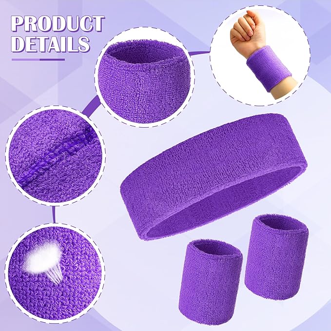 24 Pieces 80s Neon Sweatbands Set, Include 8 Sports Headbands and 16 Sweat Wristbands Elastic Athletic Tennis Sweat Bands Bulk for Man Woman