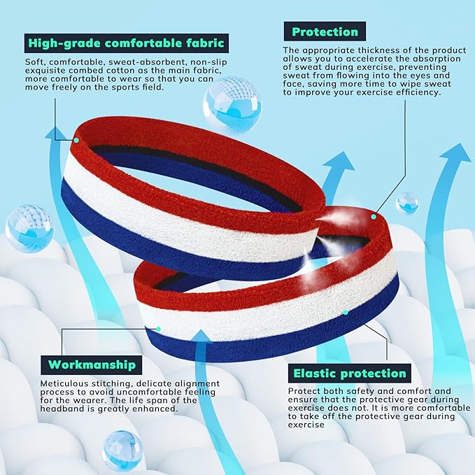 Sweatbands Sports Headband for Men & Women - Terry Cloth Moisture-Wicking Sports Towel Headband for Tennis, Basketball, Running, Gym, and Fitness Working Out