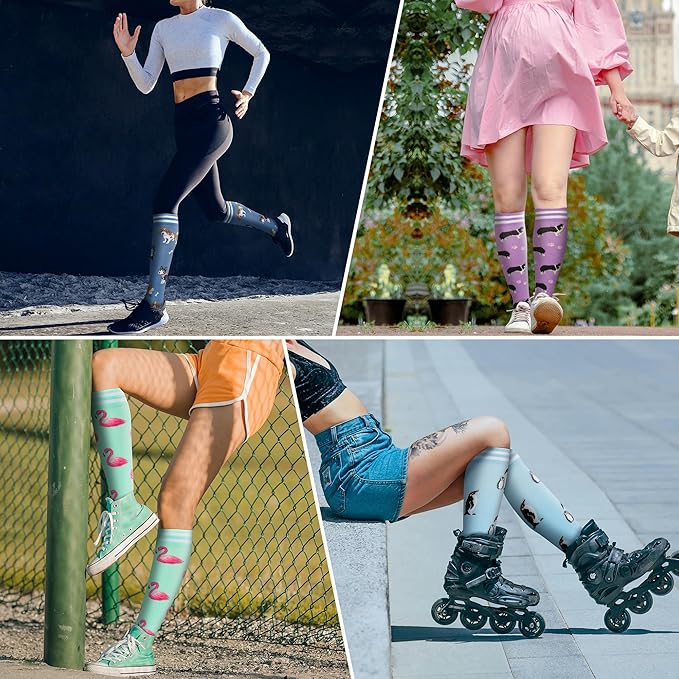 fenglaoda Compression Socks Women Men 4 Pairs, Knee High Support Socks for Running, Sports, Travel, Flight, Nurse