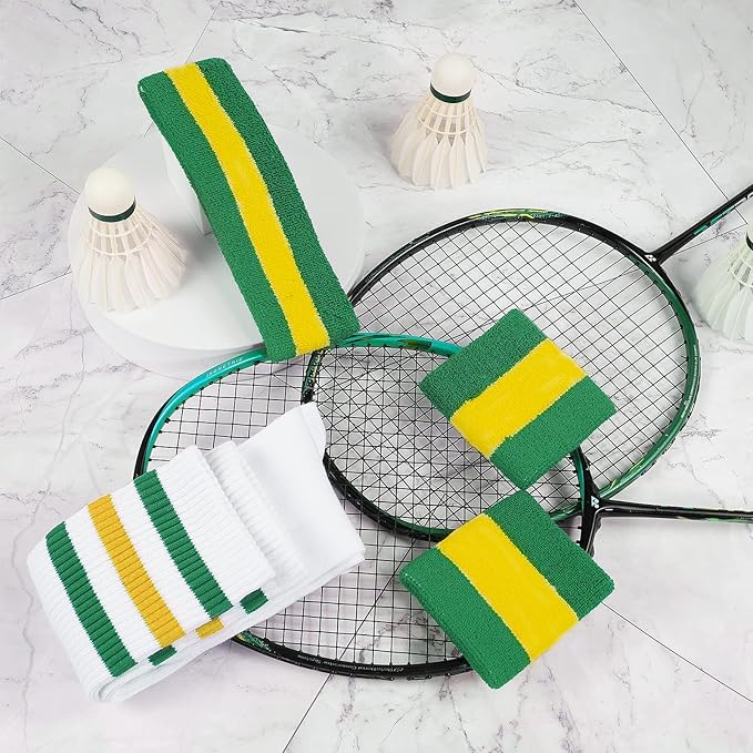 ONUPGO 5 Pieces Sweatbands Striped Socks Set Sports Headband Wristbands High Tube Socks 80s Accessories Costumes