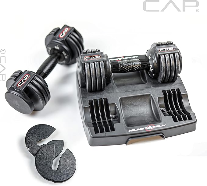 CAP Barbell ADJUSTABELL Adjustable Round Dumbbell Weights - Singles & Pairs | 12.5 lb, 25 lb & 55 lb | Multiple Handle Options