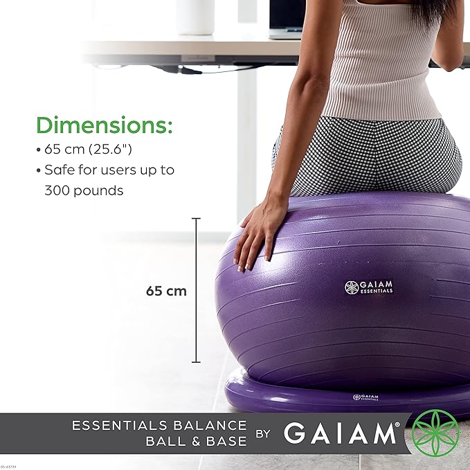 Gaiam Essentials Balance Ball & Base Kit, 65cm Yoga Ball Chair, Exercise Ball with Inflatable Ring Base for Home or Office Desk, Includes Air Pump