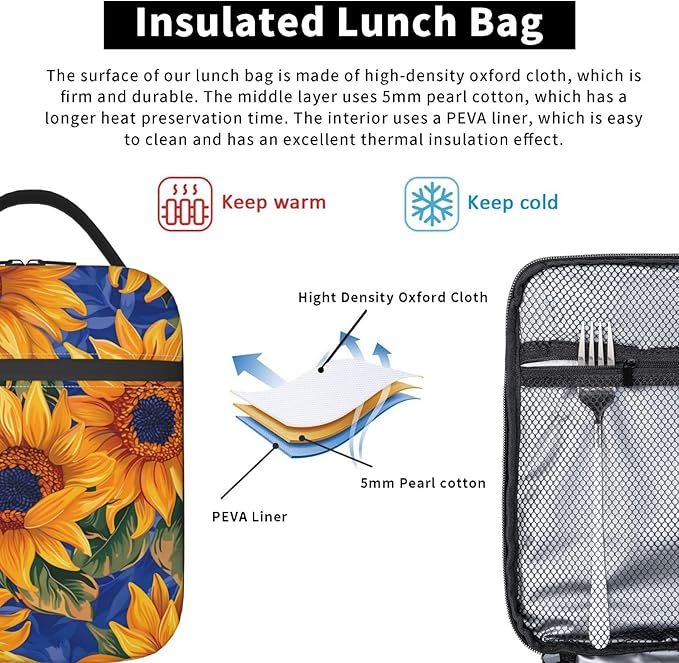 Insulated Lunch Box for Women Men, Sunflower Theme Lunch Box Reusable Portable Lunch Bag Cooler Tote Waterproof Lunch Container for Office Picnic Work Travel