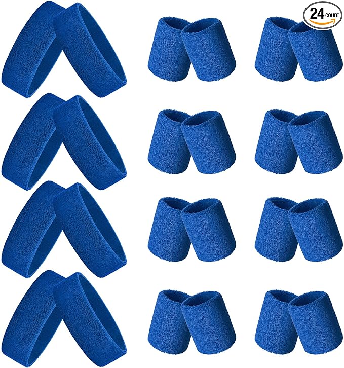 24 Pieces 80s Neon Sweatbands Set, Include 8 Sports Headbands and 16 Sweat Wristbands Elastic Athletic Tennis Sweat Bands Bulk for Man Woman