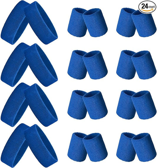 24 Pieces 80s Neon Sweatbands Set, Include 8 Sports Headbands and 16 Sweat Wristbands Elastic Athletic Tennis Sweat Bands Bulk for Man Woman