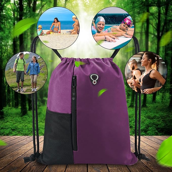 BeeGreen Purple Drawstring Backpack Gym Bag For Men & Women – Sports Sackpack with Mesh Water Bottle Holder & 2 Zippered Pockets – Large 16x20 Inch Cinch String Backpack
