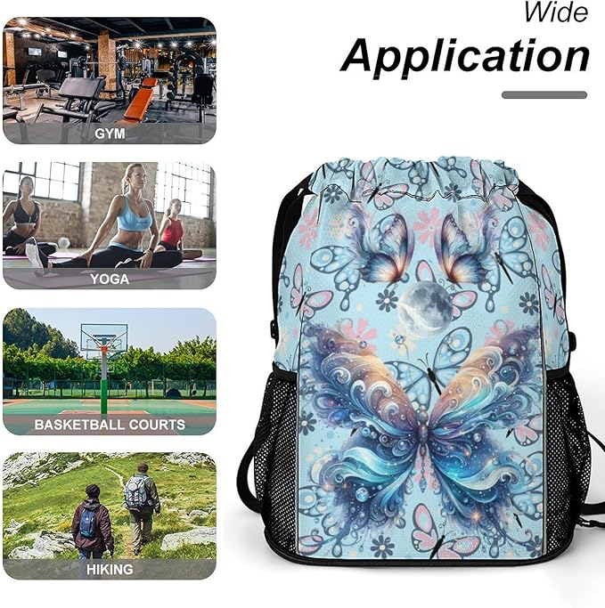 Butterfly Drawstring Backpack - Cute Cinch Sack, String Backpacks with Pocket for Kids Boys Girls Women Men for Gym Outdoor Sports Travel Athletic Drawstring Bag - Lightweight/Foldable
