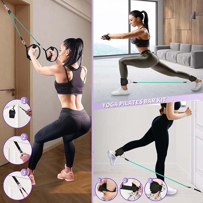 Portable Pilates Bar Kit with Resistance Bands for Men and Women - 3 Set Exercise Resistance Bands - Multifunctional Home Gym - Supports Full-Body Workouts – with Fitness Poster and Video