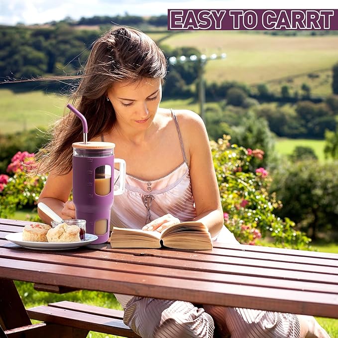 Glass Tumbler with Straw & Lid, 32 oz Glass Cup with Handle, Water Bottles with Time Marker - 2 Straws & Silicone Protective Sleeve Dark Purple