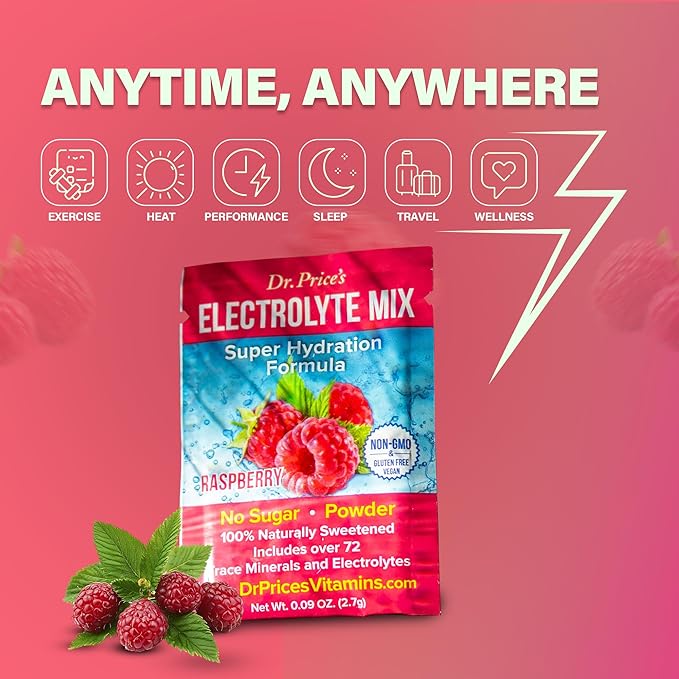 Dr. Price’s Electrolyte Mix | Sugar-Free Hydration Powder with 72+ Trace Minerals | No Sugar, Fast-Dissolving Electrolytes Powder Packets | Raspberry (30 Packs)