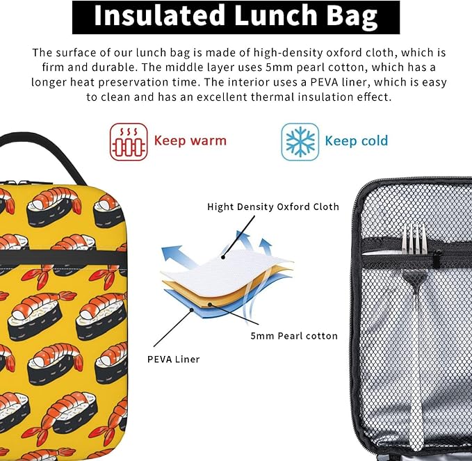 Insulated Lunch Box for Women Men, Sushi Theme Lunch Box Reusable Portable Lunch Bag Cooler Tote Waterproof Lunch Container for Office Picnic Work Travel