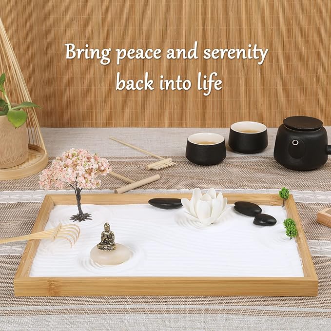 Zen Garden for Desk 11x7.5in, Handmade Sand Art with Tray, Japanese Gift Set, Mini Zen Garden with Bonsai Tree, Home Office Room Decorations, Therapy Kit, Stress Relief Gift