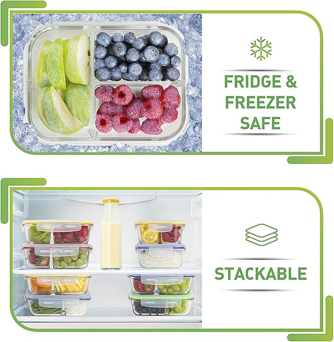 PrepNaturals 4 Pack 34 Oz Glass Meal Prep Containers - Dishwasher Microwave Freezer Oven Safe - Glass Storage Containers with Lids (Multi-Compartment)