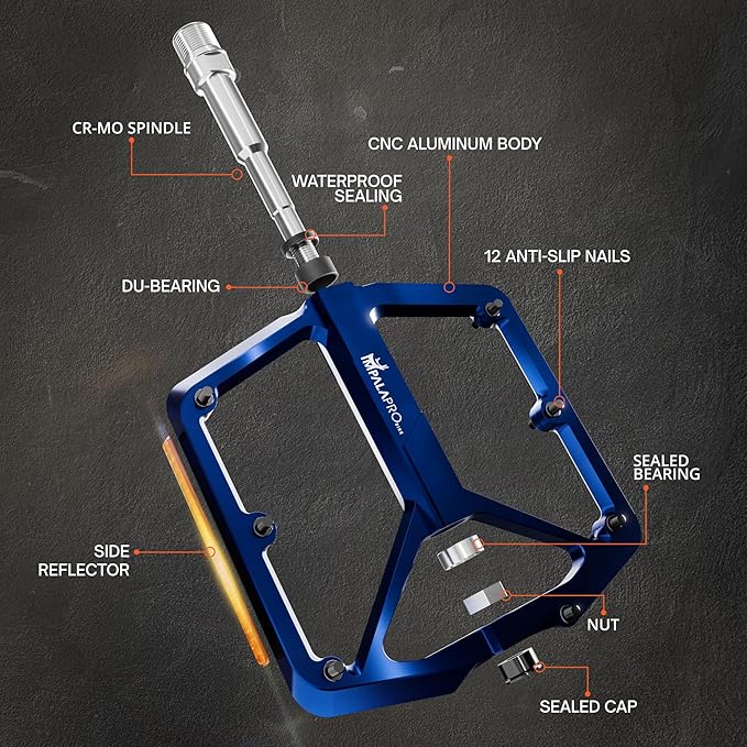 Flat Bike Pedals with Reflectors CNC Aluminium 9/16” – MTB Pedals with Extra Wide Platform and Removable Anti-Slip Pins – Lightweight Pedals for Mountain Bike & Road Bike 294 g