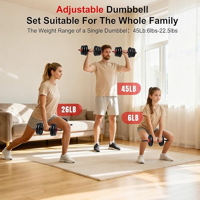 Adjustable Dumbbell Set, 10/20/30/45/70/90lbs Free Weight Set with Connector, 4 in1 Dumbbells Set Used as Barbell, Kettlebells, Push up Stand, Fitness Exercises for Home Gym Suitable Men/Women