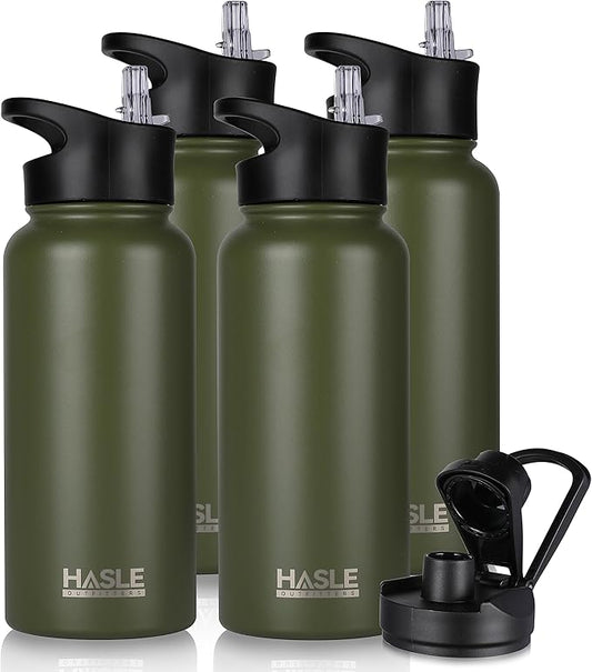 HASLE OUTFITTERS 32 oz Insulated Water Bottle Stainless Steel Double Walled Vacuum Sports Water Bottle with 2 Lids (Straw and Spout Lid) for Gym Camping Hiking(Army Green,4)