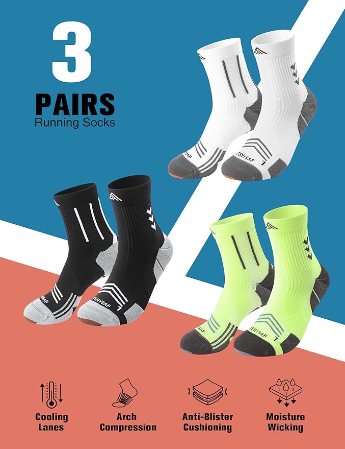 Compression Sport Running Socks: Athletic Crew Socks for Men Women Cycling Hiking Basketball Work,3 Pairs