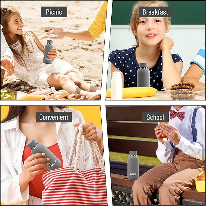 Small Water Bottle 12oz with Clip, Double Wall Stainless Steel Vacuum Small Insulated Water Bottle Keeps Drinks Cold 24 Hrs/Hot 12 Hrs for Kids Handbag School BPA Free (Grey)