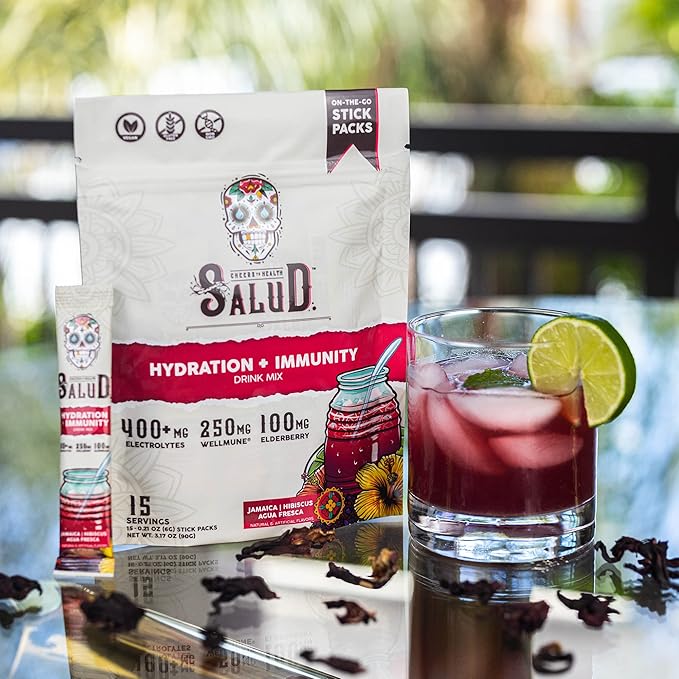 Salud 2-in-1 Hydration Packets + Immunity Electrolytes Powder, Hibiscus - Jamaica Agua Fresca Drink Mix, Elderberry, Dairy & Soy Free, Non-GMO, Gluten Free, Vegan, Low Calorie, 1g Sugar (15 Servings)