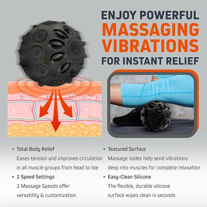 FirstHealth Vibrating Massage Ball, Silicone Recovery Roller with 2 Massage Speeds, Textured Massager Ball for Muscles and Tissues, Post-Workout Recovery Device, Battery Operated and Easy to Clean