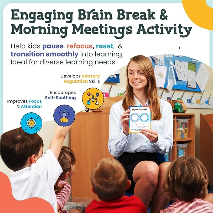 Breathing Cards for Kids – Mindfulness & Calming Corner Kit Must Haves, Yoga & Speech Therapy Materials, Special Education Classroom Office, Social Emotional Learning, Mindful Sensory Play Activities