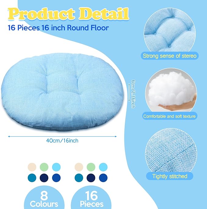 Fumete 16 Pcs 16 Inch Round Floor Cushions for Kids and Toddlers, Flexible Seating Classroom Furniture Floor Pillow for Home, Daycare, Preschool, Yoga and Meditation (Plain)
