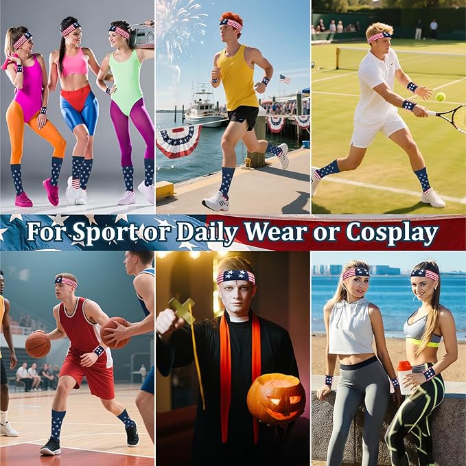 ONUPGO 5 Pieces Sweatbands Striped Socks Set Sports Headband Wristbands High Tube Socks 80s Accessories Costumes