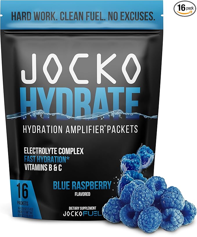 Jocko Fuel Hydrate Electrolytes Powder Packets Low Sugar - Hydration Amplifier Packets for Recovery, Dehydration, & Exercise - with Vitamins B6, B12 & C (16 Packets) Blue Raspberry