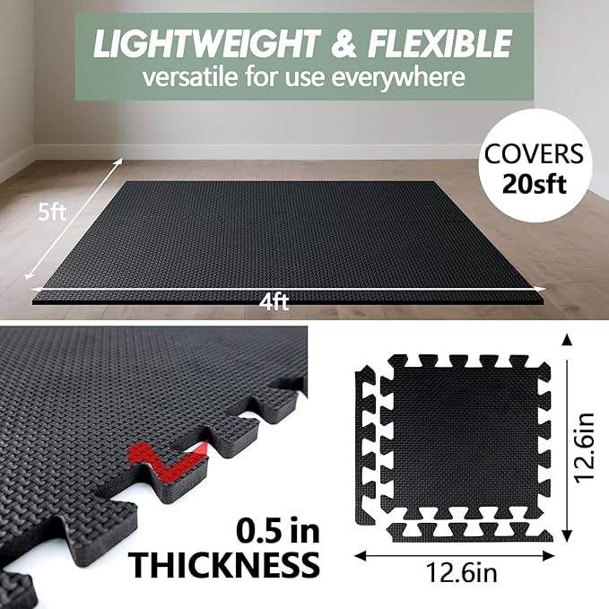 0.5in Thick Interlocking Exercise Mats,24 x 24in High-Density EVA Interlocking Foam Floor Tiles – Puzzle Gym Mat for Home Gym, Workout Equipment, Weightlifting, Kids Play Area