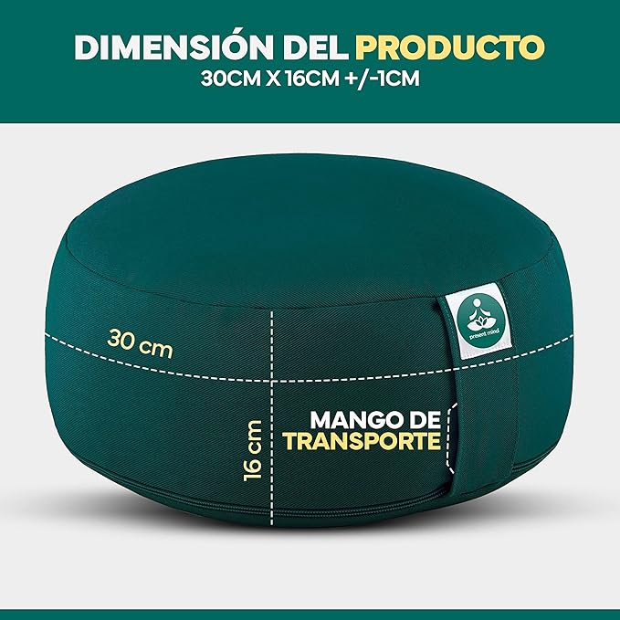 (Height 6.5") Round Zafu Yoga Bolster for Gymnastics & Meditation Made in the EU - Emerald Green 100% Natural Cotton Yoga Meditation Buckwheat Cushion with Washable Covers