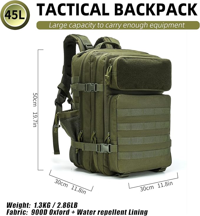 gracedon Tactical Backpack - Military Molle Bag 3 Days Pack for men and Women Large Assault Rucksack 45L (Green)