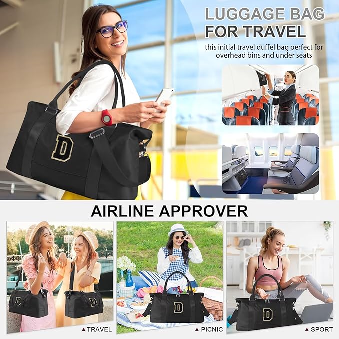 Dance Gym Duffel Bag for Teen Girls, Personalized Initial Travel Weekender Bag,Cute Overnight Carry On Duffle for Women,Sports Travel Cheer Bag,Monogram Christmas Gifts for Tween Preppy(black-D)