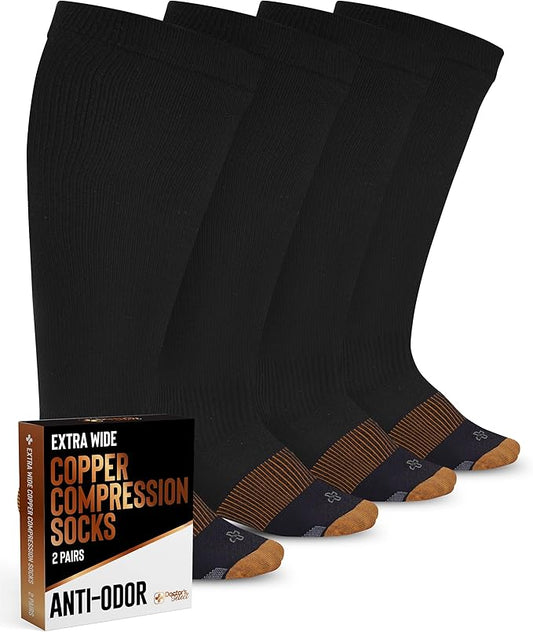 Doctor's Select Copper Plus Size Compression Socks Wide Calf - 2 Pairs | 20-30mmHg Extra Wide Calf Compression Sock Women | Copper Socks for Swelling, Varicose Veins | Extra Wide Calf Compression Sock | Black Wide Compression Socks for Women & Men