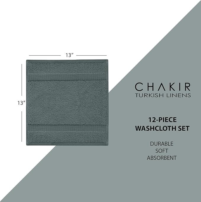 Chakir Turkish Linens | Hotel & Spa Quality 100% Cotton Premium Turkish Towels | Soft & Absorbent (12-Piece Washcloths, Dark Gray)