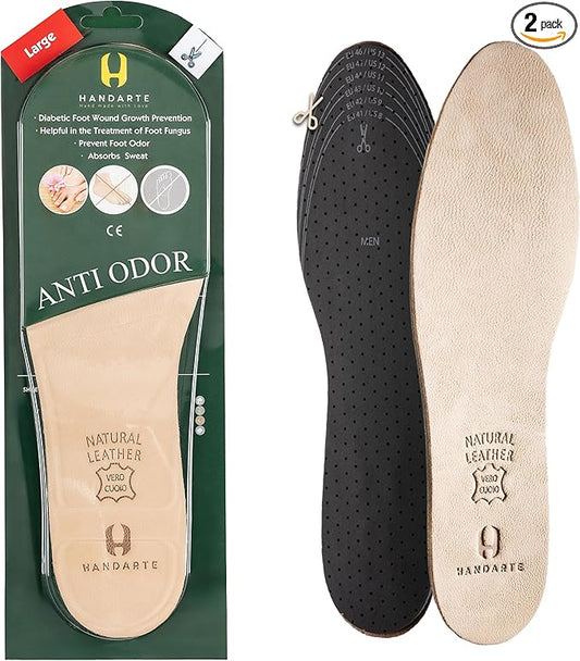 HANDARTE Leather Anti Odor Insoles | Cuttable Odor Eaters Insoles Men | Shoe Deodorizer Thin Insert - Odor Eliminator for Shoes - 100% Natural Goatskin & Anti Sweat - Suitable for No-Socks (Large)