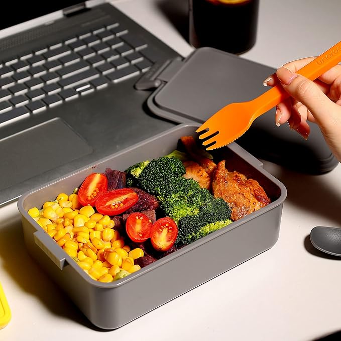 linoroso Stackable Bento Box Adult Lunch Box | Meet All You On-the-Go Needs for Food, Salad and Snack, Premium Bento Lunch Box for Adults Include Utensil Set, Dressing Containers - Ultimate Gray