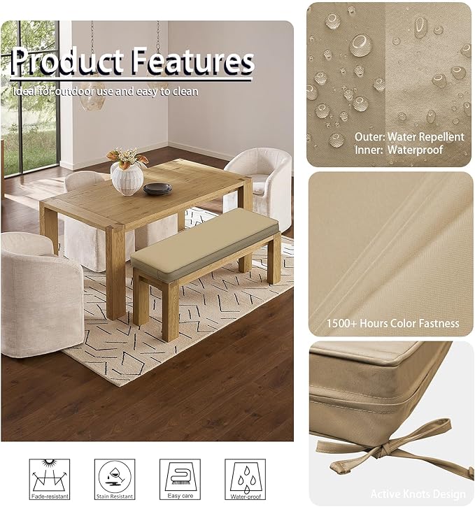 Outdoor Bench Cushion 48 x 18 x 3 Inch, Waterproof Patio Furniture Cushions with Ties, Non-Slip Rectangle Bench Seat Cushion Foam Pad for Garden Sofa Settee Couch Swing, Beige