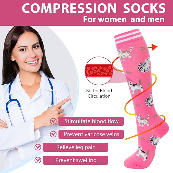 fenglaoda Compression Socks for Women Men Knee High 3 Pairs Support for Nurses, Travel, Circulation, Athletic, Pregnancy