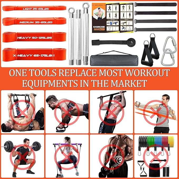 DASKING Resistance Band Bar Set for Home Gym, 500LB Total Resistance with Longer Bar & 4 Stackable Bands, Detachable for Full Body Workouts, Door Anchor, Exercise Guide