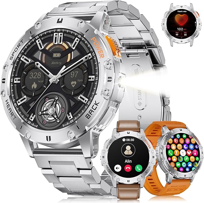 Smart Watch for Men for Android/iPhone(3 Straps),1.43’’ AMOLED Display Sport Watch with 123 Sport Modes/FlashLight,5ATM Waterproof Fitness Watch with Blood Pressure/Heart Rate Monitor,Silver Metal
