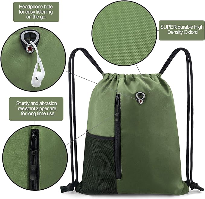 BeeGreen Green Drawstrings Backpacks Bags For Men String Backpack For Women With Water Bottle Pocket &Front Zippered Pocket Large Sackpack For Traveling Yoga Beach Outdoor Gym