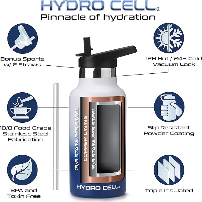 HYDRO CELL Stainless Steel Water Bottle with Straw & 2 Standard Mouth Lids (32oz 24oz 20oz 16oz) Keeps Liquids Hot or Cold w/Double Wall Vacuum Insulated Leak Proof Sport Design (Navy/White 16oz)