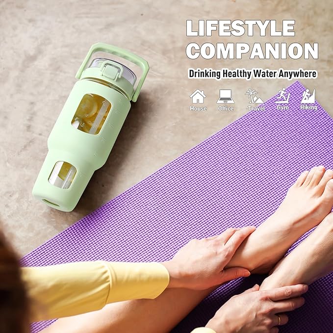 BLUEGO 40 oz Glass Water Bottle with Straw, Leakproof Glass Drinking Bottle with Time Marker and Silicone Sleeve, Wide Mouth for Travel, Gym, Workout, Green