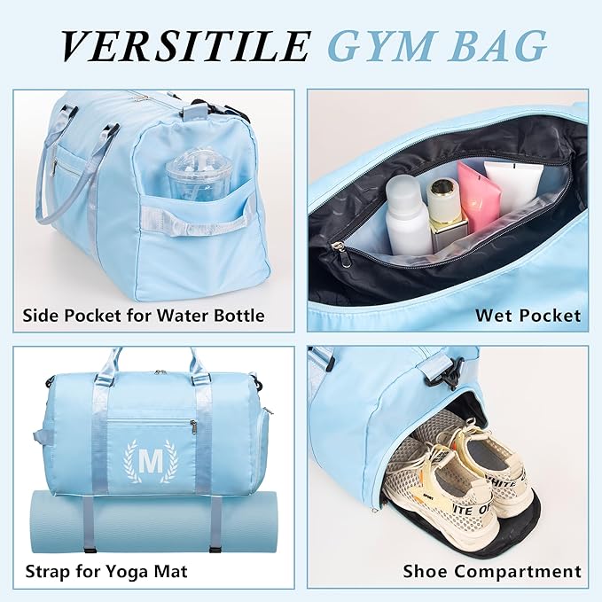 Gym Bag for Women, Personalized Duffle Bag with Shoe Compartment, Sports Bag for Yoga & Dance with Wet Pocket and Mat Strap