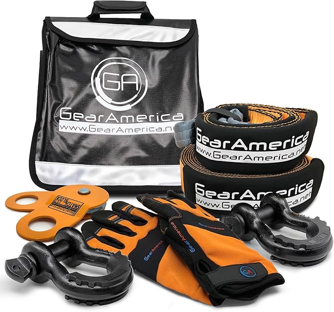 GearAmerica Off Road Recovery Kit, 9 Ton, Includes Tow Strap, Tree Saver, Snatch Block Pulley, D-Ring Shackles, Winch Line Dampener Bag, Gloves - Off Road Recovery Gear, 4x4, Black