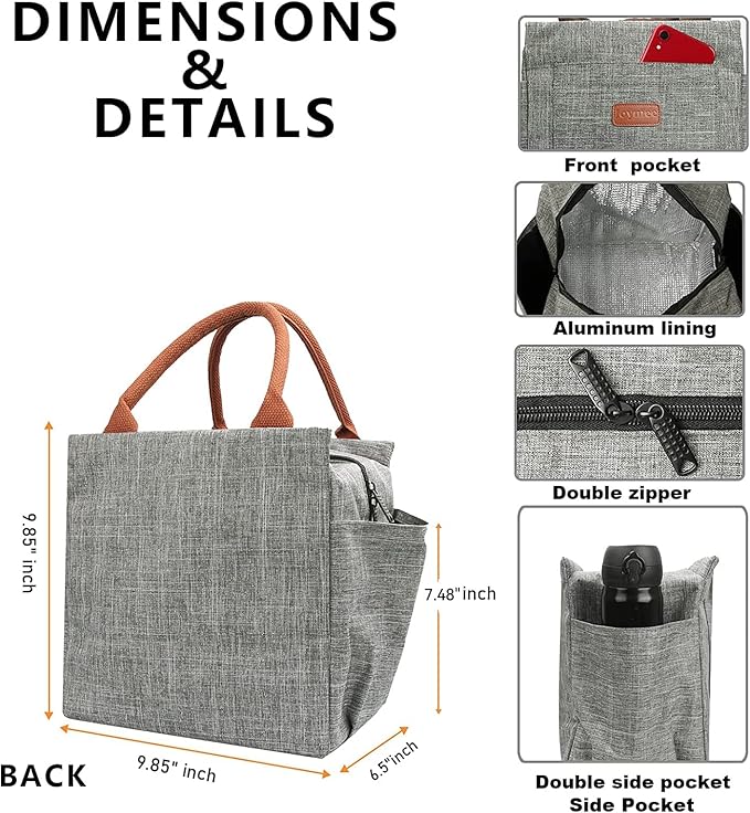 Joymee Lunch Bag Women Insulated Lunch Box Reusable Leakproof Large Spacious Tote for Women Men Adult with Bottle Holder and Side Pockets for Work Picnic Travel - Grey
